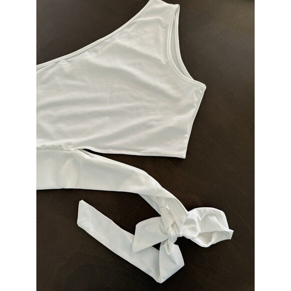 One Shoulder Side Tie Waist Crop Top WHITE SOLID ELASTIC SIZE XL - Picture 4 of 11